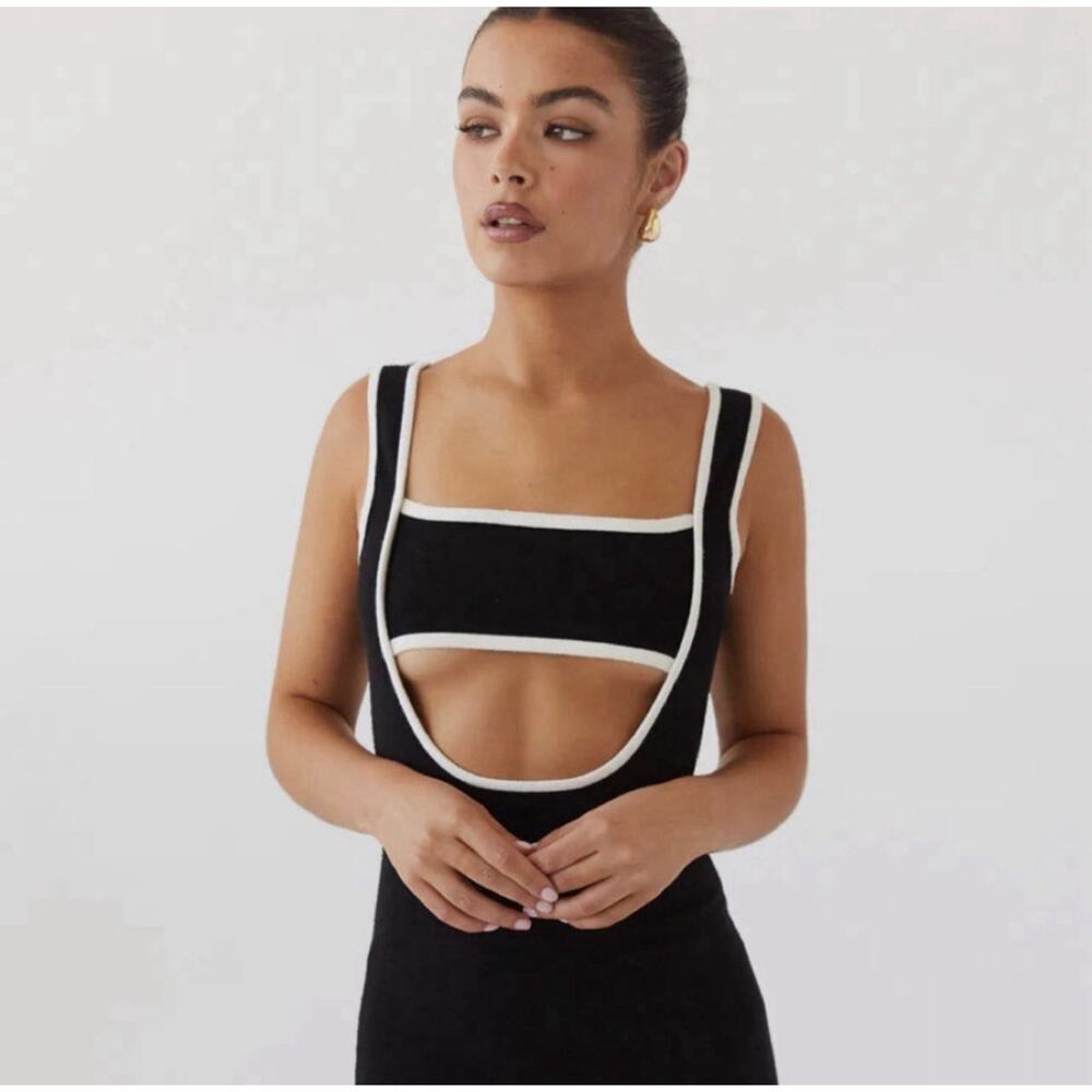 Peppermayo Black White Trim Knit Square Neck Cut-Out Backless Midi Dress size S - Picture 3 of 10